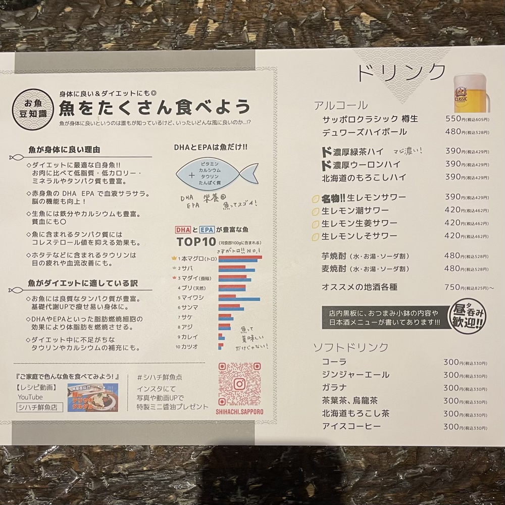 札幌海鮮丼シハチ鮮魚店のメニュー裏面